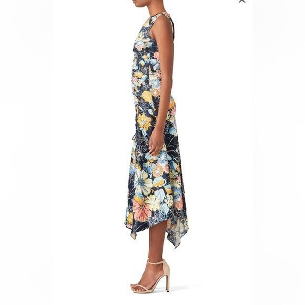 RTR Peter PilottoRuched Navy Floral Dress Sz4 Sleeveless Asymmetrical MIDI silk - Picture 3 of 8